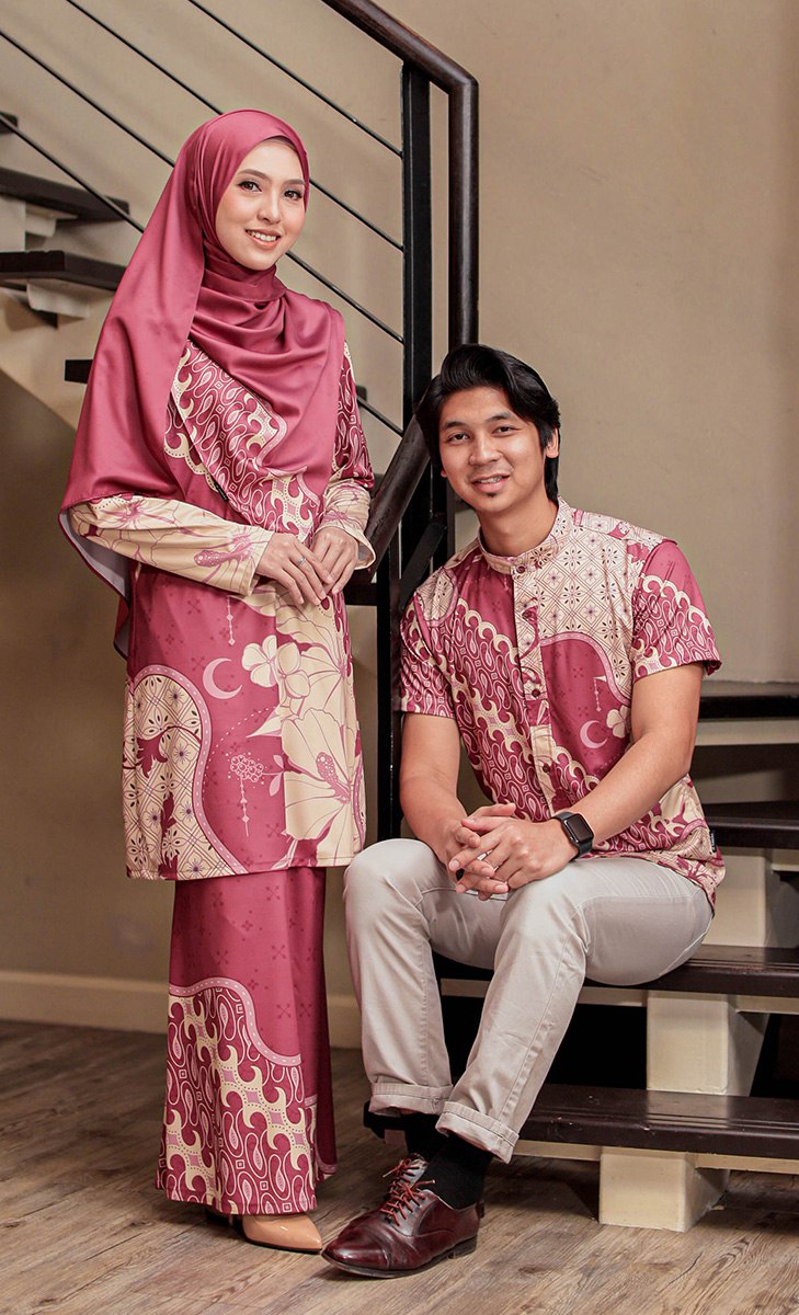 Couple Set - Baju Kurung Embun and Kemeja Batik - Mekar Merah